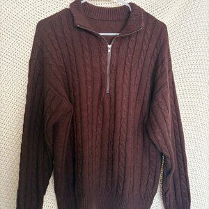 Unisex Cable Knit Quarter-Zip Sweater - Brown - Relaxed Fit